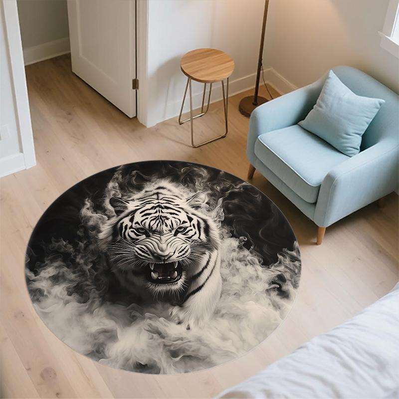 Black and White Tiger,Round Area Rug,Carpet Rug for Living Room Bedroom Sofa Playroom Decor,Non-slip Floor Mat