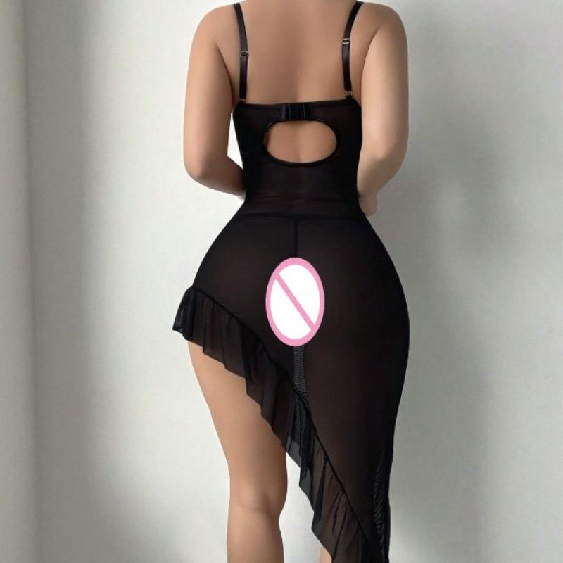 Women Exotic Sets Lace Sheer Mesh Lingerie Dress Spaghetti Strap Corset Bust Irregular Ruffle Slit See Through Sexy Sleepwear
