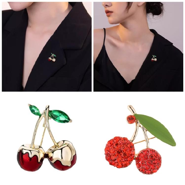 Lustrous Cherry Brooch Jewelry Accent Vibrant Green Zircon Cherry Brooch Unique Designs Badge for Clothing Decoration