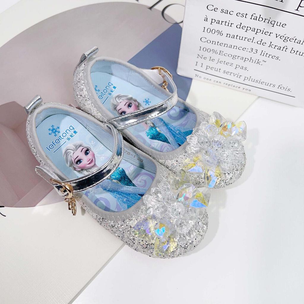 Girls' Princess Shoes Blue Elsa Crystal Shoes New Spring and Autumn Model for Young Children, Flat Single Shoes for Girls, Soft Sole Shoes