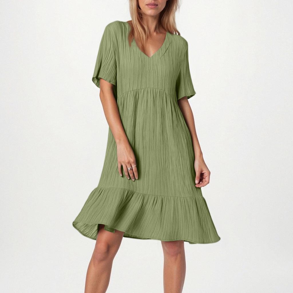 Ladies' Casual And Fashionable Solid Color Dress, Loose Short Sleeved Waist Cinched Dress