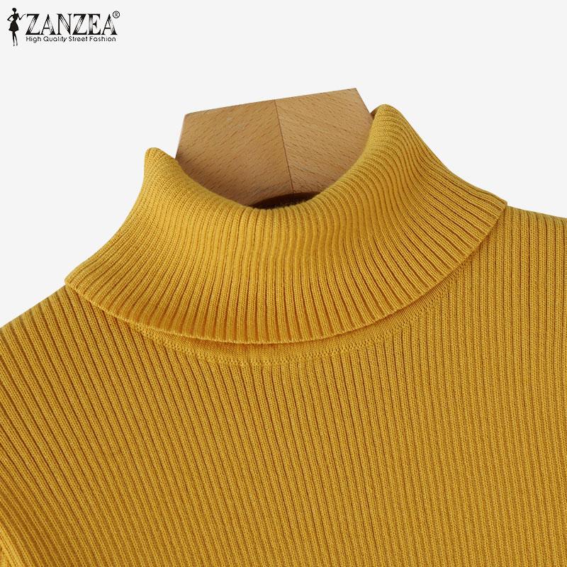 ZANZEA Women Turtleneck Pearl Stitching Long Sleeve Thin Casual Knitted Sweater Tops