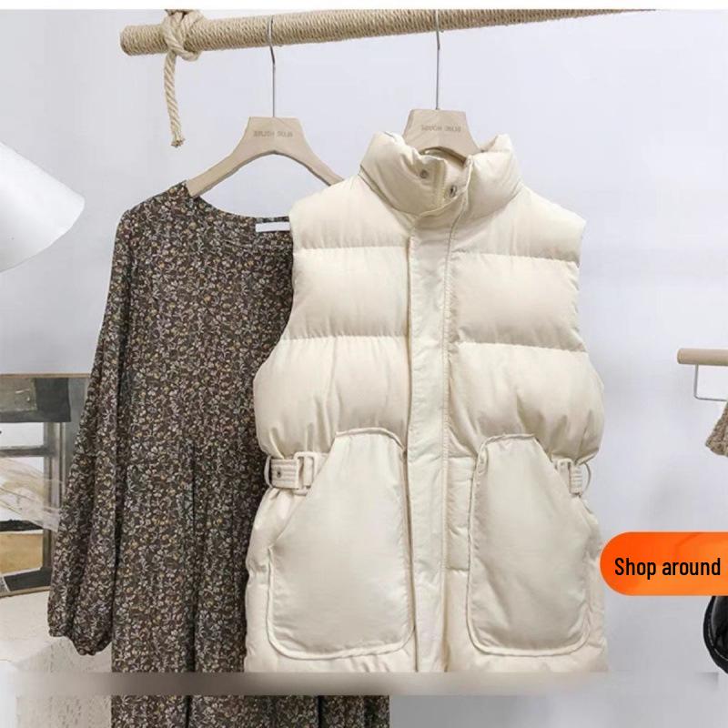 

Женский приталенный модный пуховый жилет со стойкой - Универсальный дизайн без рукавов, подчеркивающий талию, для осени и зимы 3XL (Recommended 155-175 lbs) грязно-белый