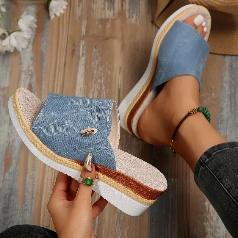 Summer New Plus Size Women'S Shoes Foreign Trade Slippers Woman Slippers Wedge Heel Thick Sole Lightweight Casual Shoes