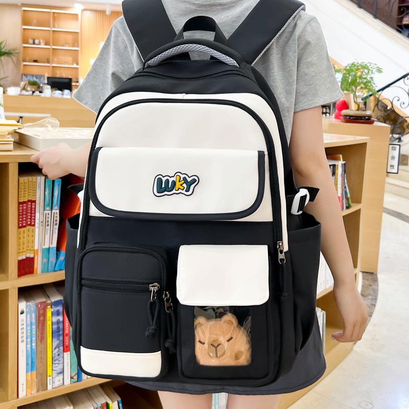 

College Contrast Color Stitching Backpack Junior High School Students Lightweight Schoolbag Women s Backpack рожевий