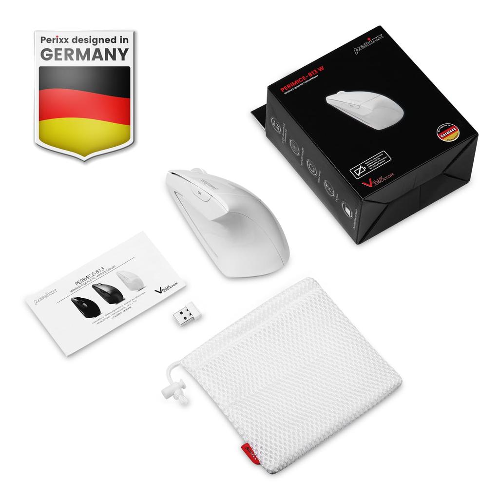 Perixx PERIMICE-813W Ergonomic Multi-Device Mouse, Connects 3 Devices Simultaneously, Bluetooth 2.4G Wireless, White (Multi-Device)