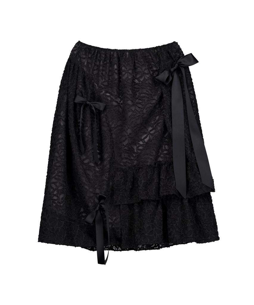 Sennyu Floral Sheer Ruffle Ribbon Skirt (Black)