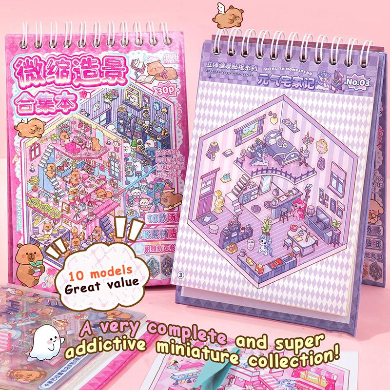 1 Set  Cabin Scene Pocket Stickers Cartoon Diy 3D Landscape Sticker Book Festival Birthday Gift For Student Kid Child