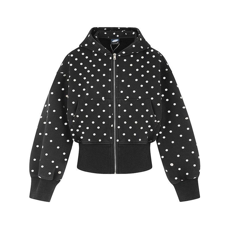 Vintage Polka Dot Hoodie Loose Fit Short Zip Up Cardigan Teens Streetwear