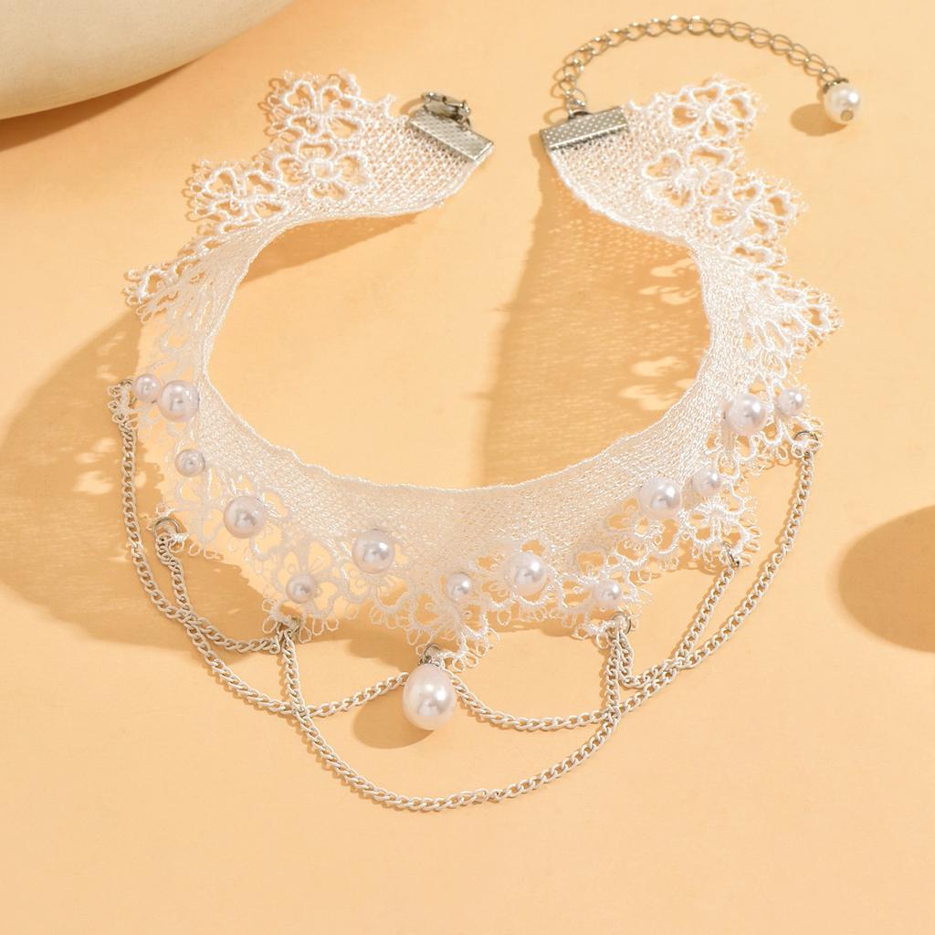 Bridal Lace Pearl Choker, Vintage Hollow Lace Wedding Clavicle Neck Collar