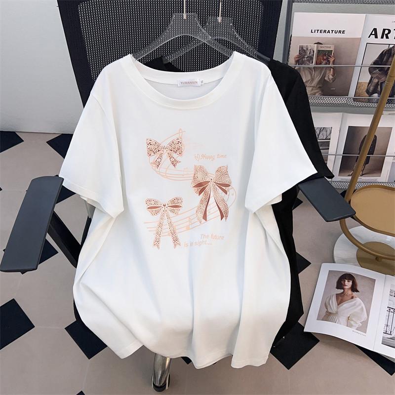 Women's Plus Size Loose Mid-Length Round Neck Short-Sleeve T-Shirt (Sizes 200/300/350 Jin)