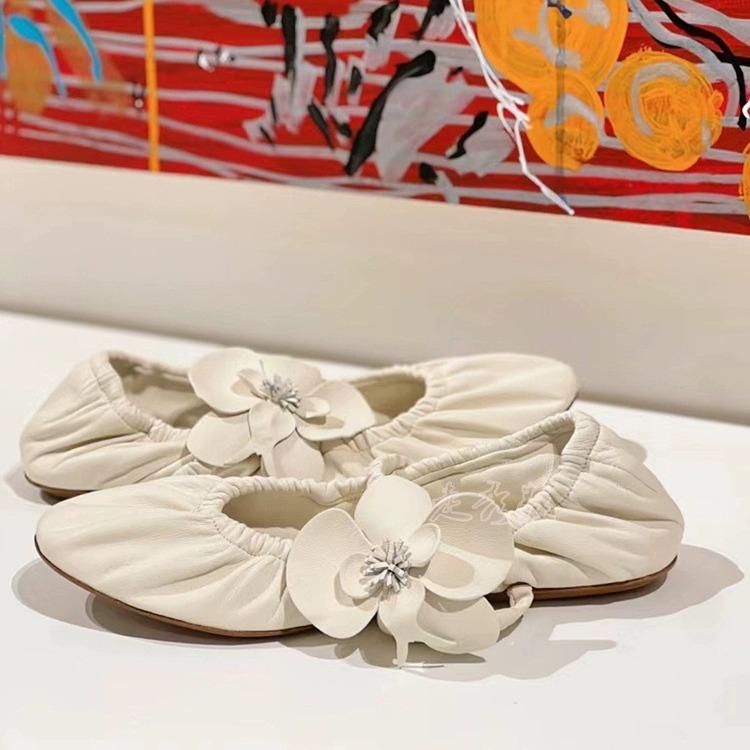 Fashion NEW Spring Flower Flat Ballet Shoes Women's Round Toe Leather Fold Loafer Elastic Belt Mary Jane Shoes Fashion Single Shoes