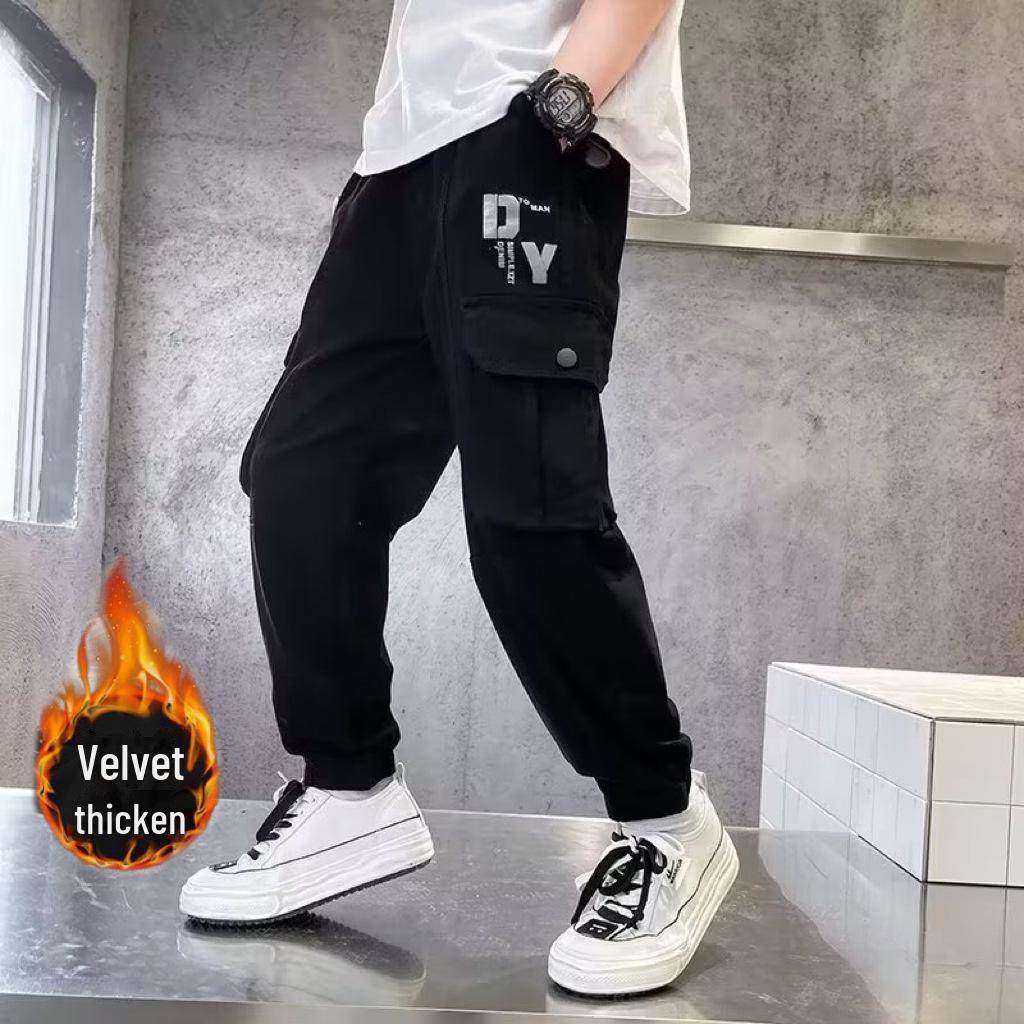 Boys' Autumn/Winter 2023 Velvet-Lined Overalls: Versatile, Loose-Fit, Thickened Leggings for Older Kids