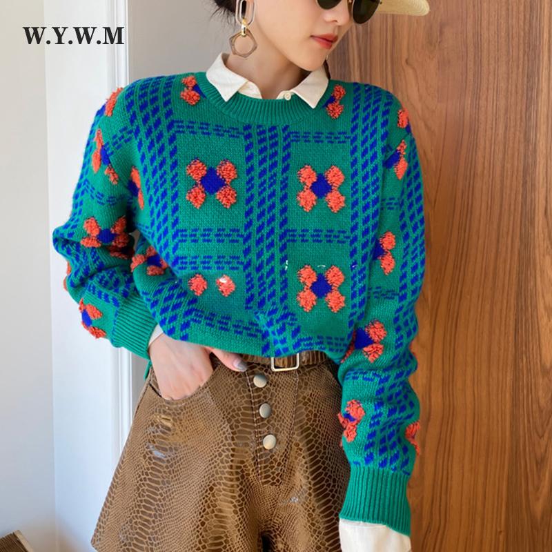 

WYWM повседневный вязаный свитер с цветочной вышивкой, женский осенний свободный пуловер с круглым вырезом, женский базовый простой ленивый Jumpe