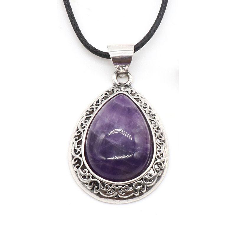 Oval Gemstone Necklace for Women Oval Pendant Semi-precious Stones Jewelry Gift for Wife Necklaces for Mom Drop Alloy Pendant