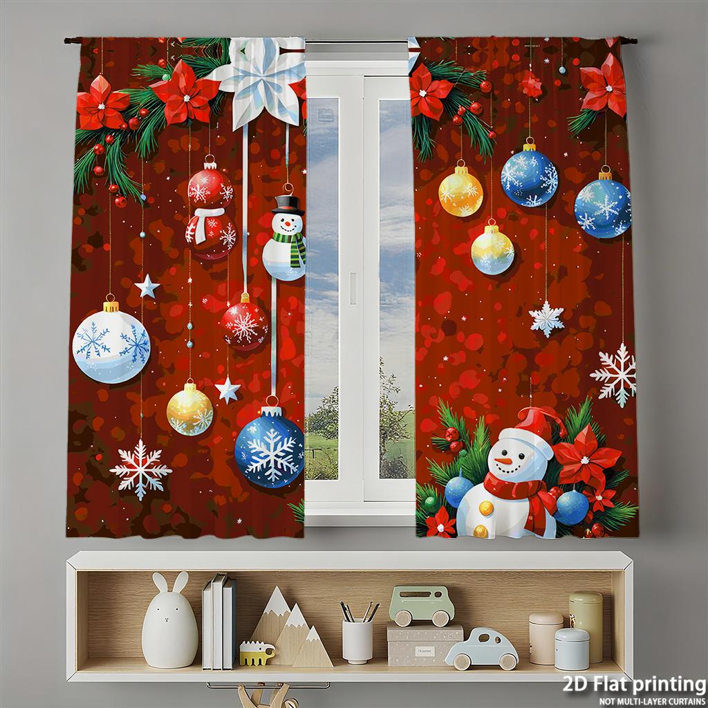 Piece Set High Definition Digital Printed Curtainsred Background Christmas Ornaments Snowman Festive Holiday Decorhome Deco Curtain Made Of Polyester