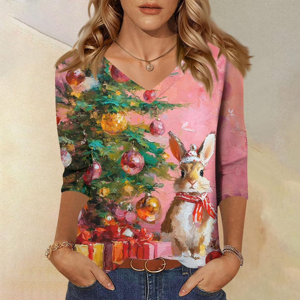 3/4 Sleeve Shirts For Women Print Christmas Tees Blouses Casual Plus Size Basic Tops Pullover