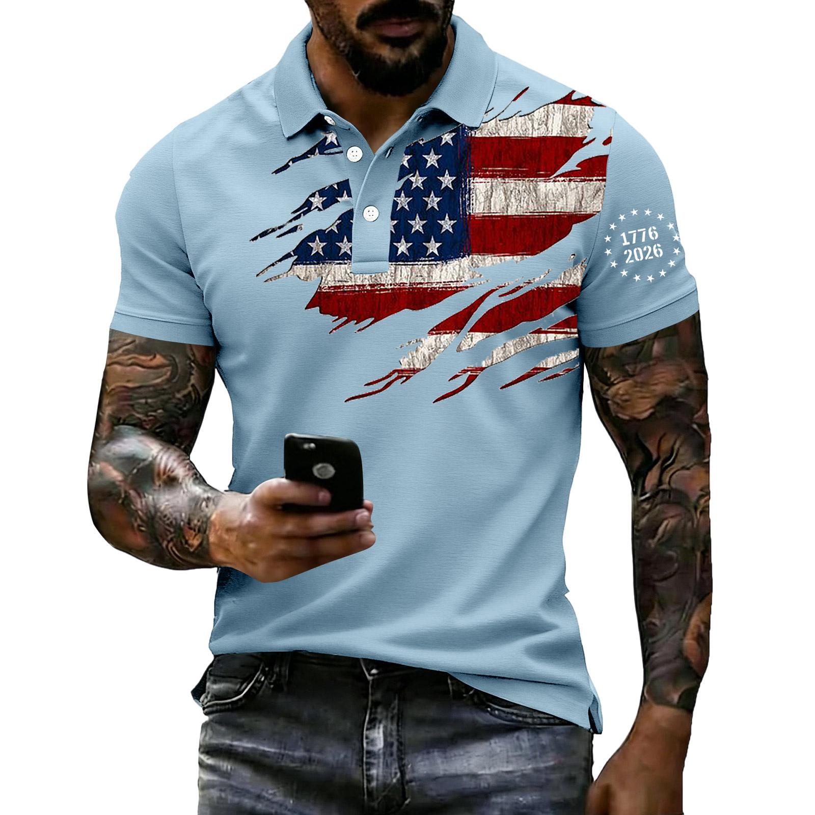 

Men Loose Fit Casual Polo Shirt Short Sleeve with Flag Print Lapel Collar Comfortable Breathable Fabric L