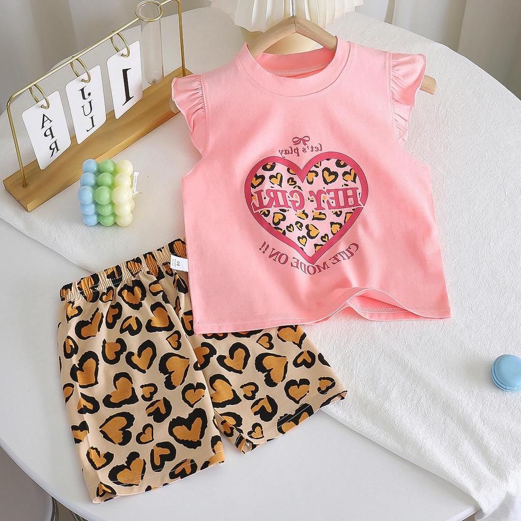 Girls' Summer Flutter Sleeve Top & Shorts Set - Korean Style Two-Piece Children's Outfit