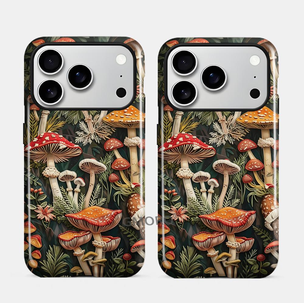 Retro Mushroom Illustration Mobile Phone Case iPhone12pm Anti-drop Two-in-one Film Case Apple 17 Magnetic Protective Case