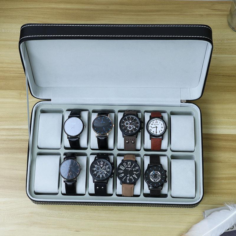 In-Stock Black Ostrich Pattern PU Leather Watch Storage Box with Dustproof Zipper Bag