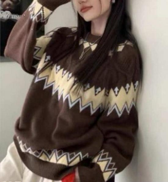 2026 Women's Diamond Jacquard Color Block Sweater - Autumn/Winter College Style Loose Knit Pullover