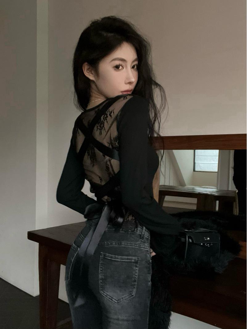 2025 Winter Spicy Girl Lace-Up Long Sleeve Top One Size чёрный