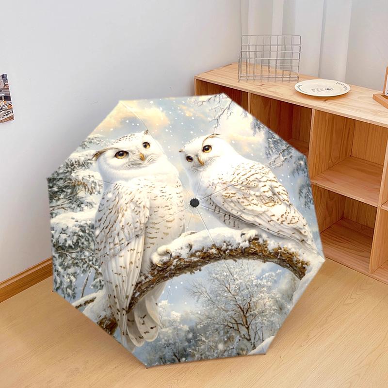 1 PC Automatic Folding Umbrella - Winter Snowy Owls Pattern, Portable & Foldable Design with 8 Ribs, Christmas Birthday Gifts