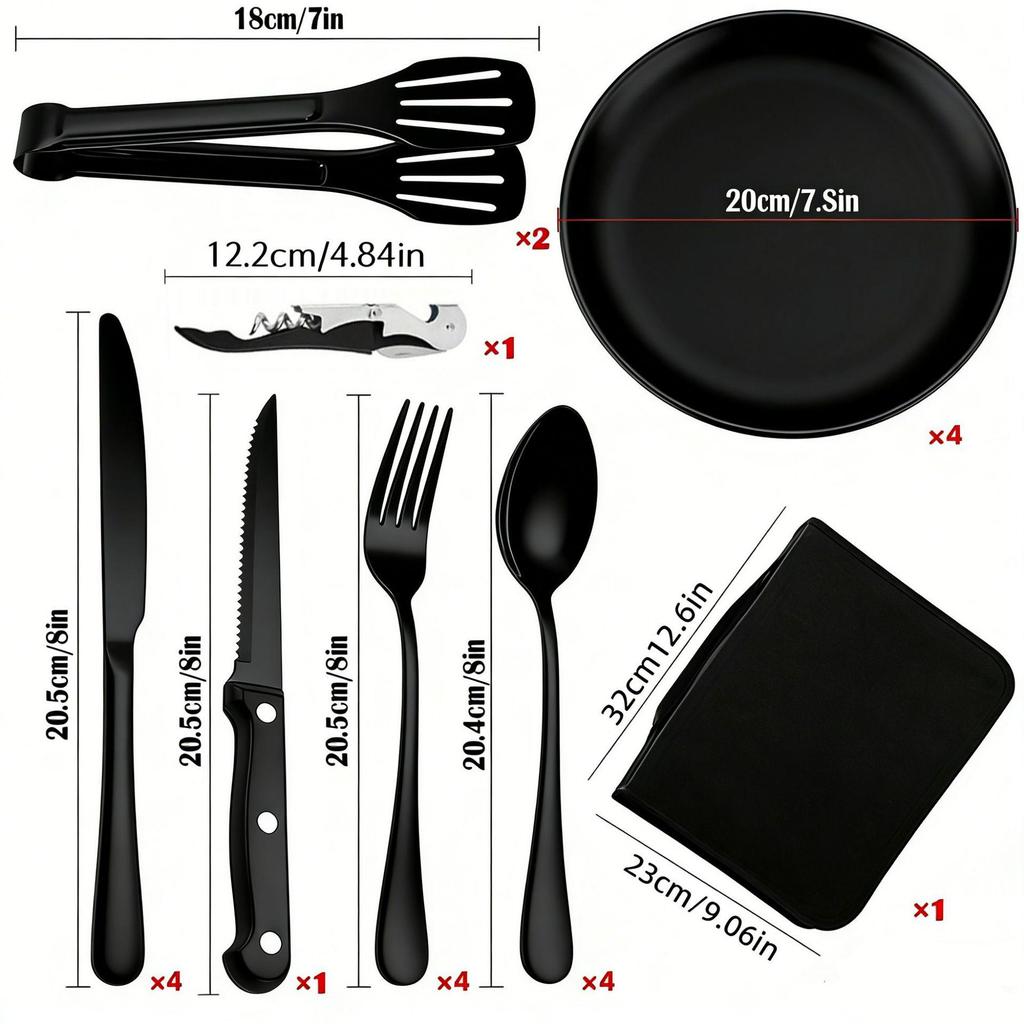 Stainless Steel Outdoor Cutlery Set with BBQ Plate, Tongs, Camping Knife, Fork, Spoon, and Portable Storage Bag