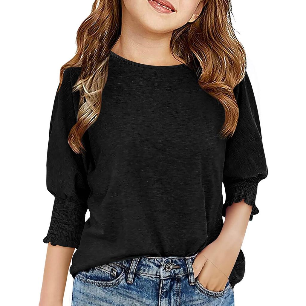 Girls' 3/4 Sleeve Blouse - Round Neck Ruffle Shirt