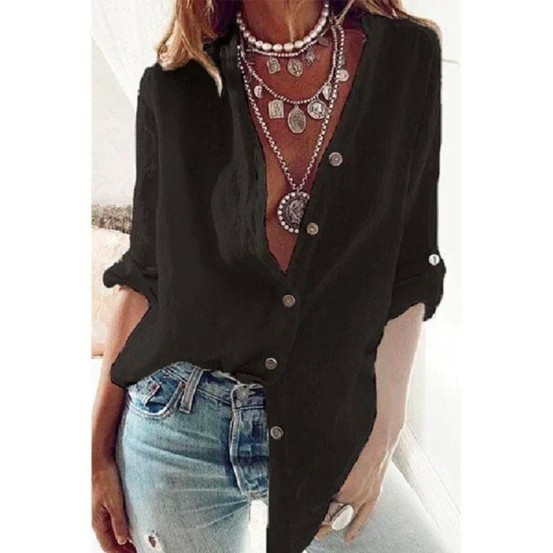 

Solid Color V-neck Loose Long Sleeve Shirt Solid Color and V-neck Loose Shirt Female black XL(XL)