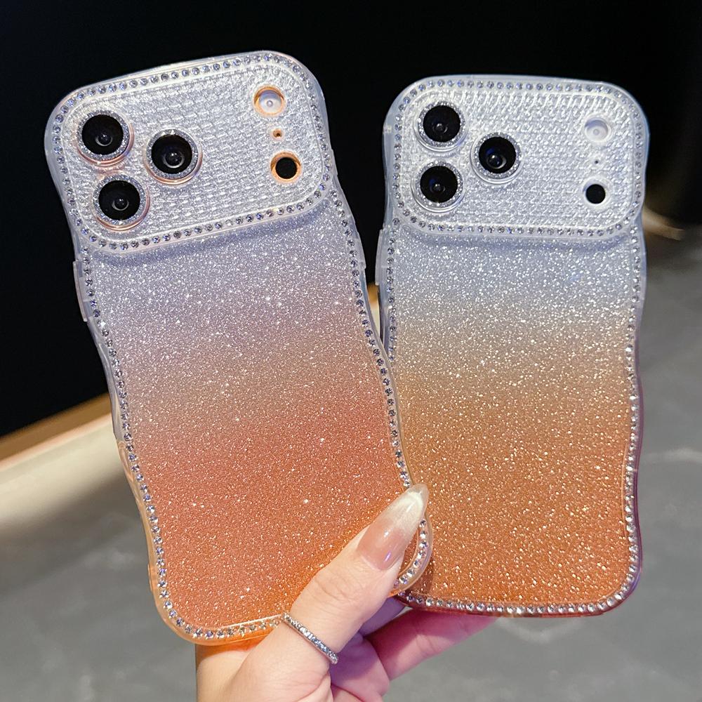 KEYSION Gradient Glitter Jewelled Phone Case for iPhone 16 17 Pro Max Air 16 Plus Wavy Border Lens Protector Shockproof Cover