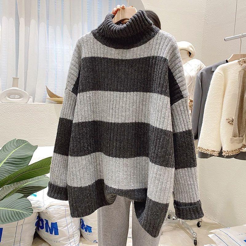 Høst og vinter Genser med høy hals Dame Genser Koreansk Løs Allsidig Stripe Strikket Bunn Genser Dame Topp
