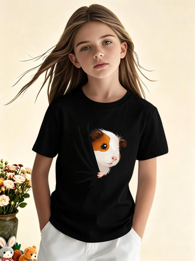 Peeking Guinea Pig Break Through Print T Shirt Family Matching Outfit Boys Girls Kid Short Sleeve Cute Animal Children Daily Tee