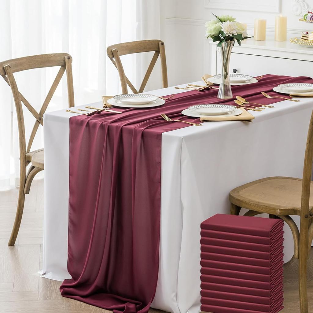 2pcs Chiffon Table Runner Burgundy for Christmas Party Romantic Wedding Bridal Shower Fall Decorations Table Runner Luxury
