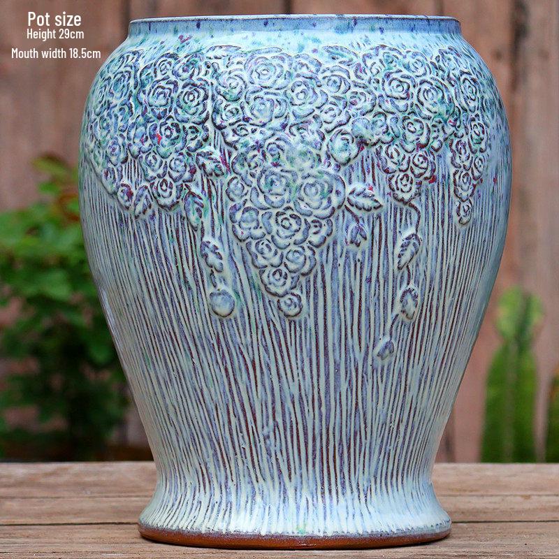 Handmade Embossed Rose Ceramic Succulent Pot, Tall Breathable Coarse Pottery, Large Mouth Plant Pot with Flower Design.