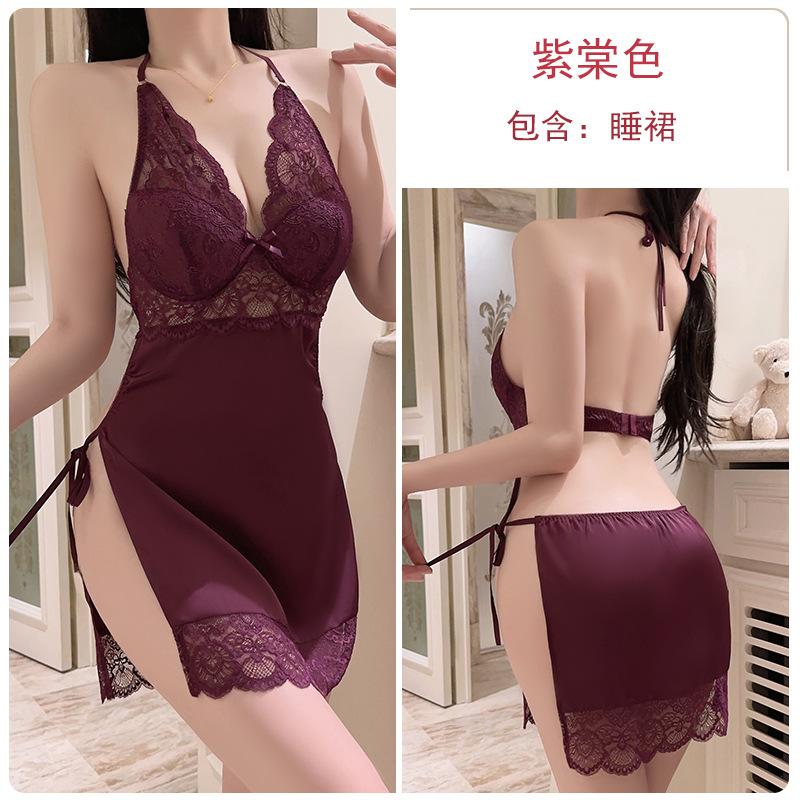 Pure Desire Silky Satin Underwear Sweet Lace Sexy Plus Chest Pad Neck Nightdress Robe Women's Suit