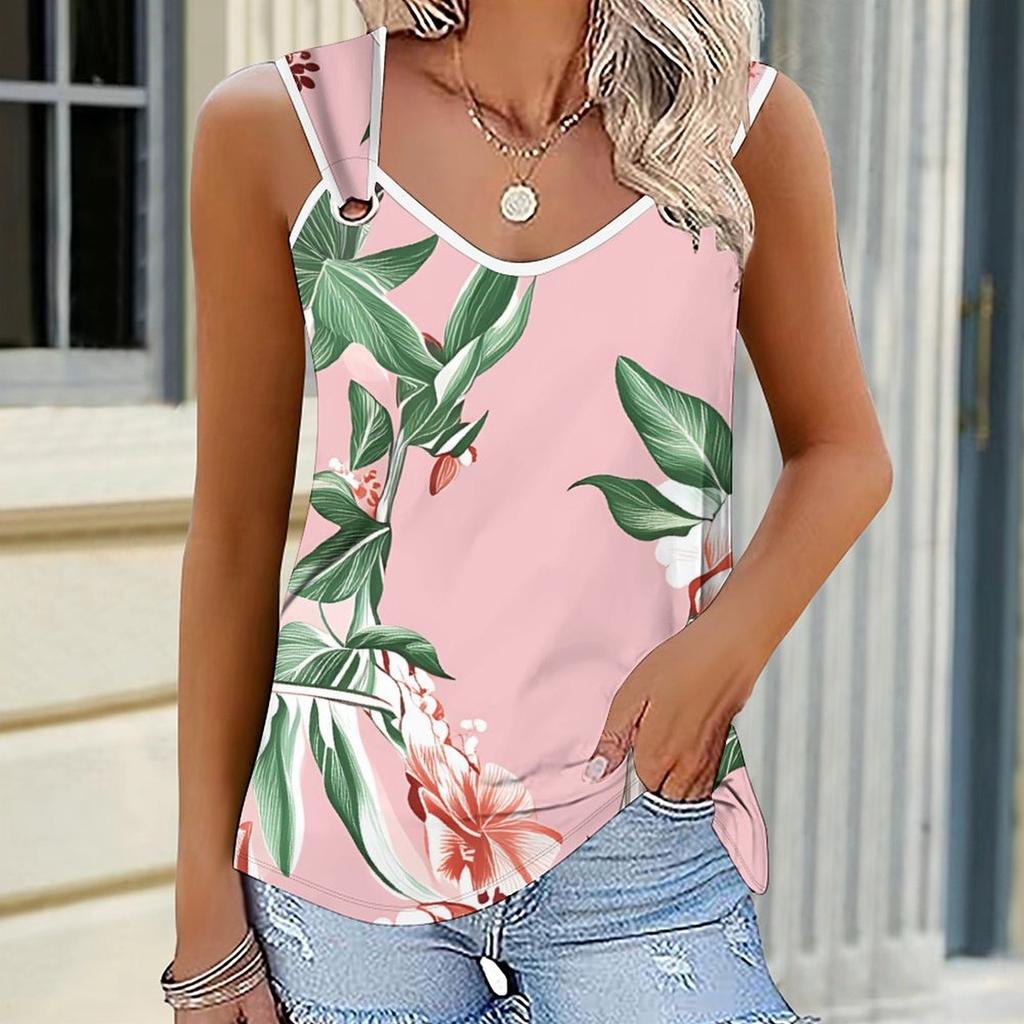 Ladies' Outdoor Casual Sports Double Loop Buckle Vest with Flower Print Pattern ,V-neck, Sleeveless, Medium Stretch Fabric