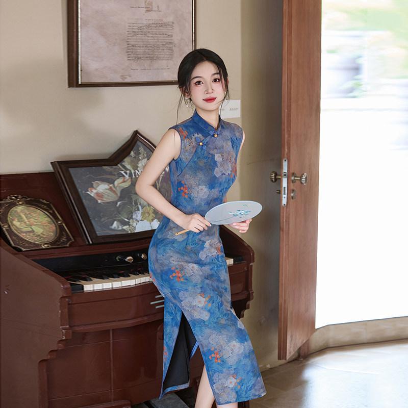 Blau ärmellos nationaler Stil neu Chinesisch täglich Suzhou langer Cheongsam verbessert jung 1011 neu Damen hoher Sinn