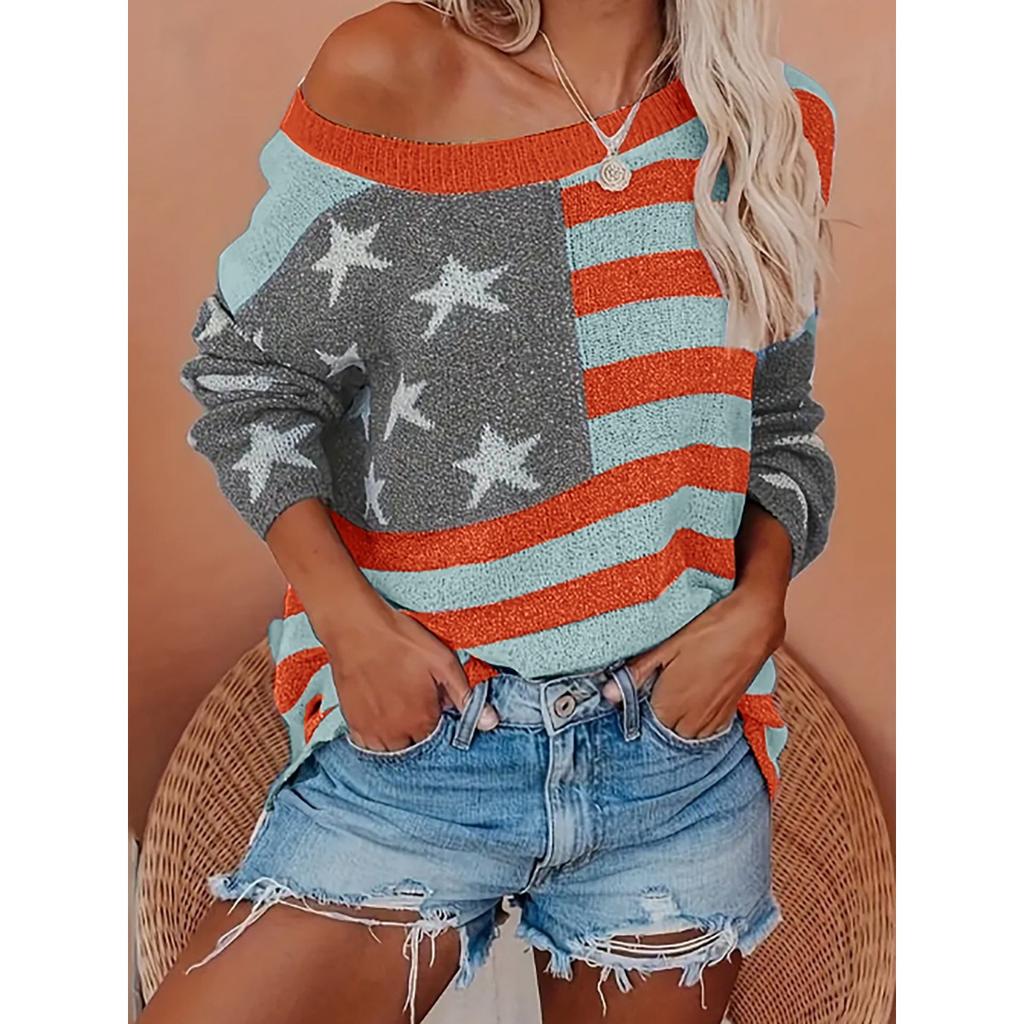 Women's US Flag Print Long Sleeve Knit Sweater Top Spring Summer