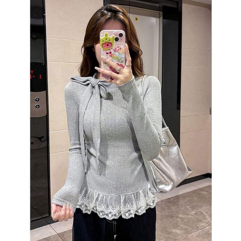 New Bow Tie Lace Splicing Women Blouse Long Sleeve Sweet T-Shirt Slim Fit Lace-up Solid Color Fashion Tops Elegant Casual Casual Clothing