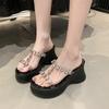 2025 Summer New Fashion Versatile Outer Wear Wedge Heel Thick Bottom Rhinestone Cool Slippers I-shaped Women's Shoes
