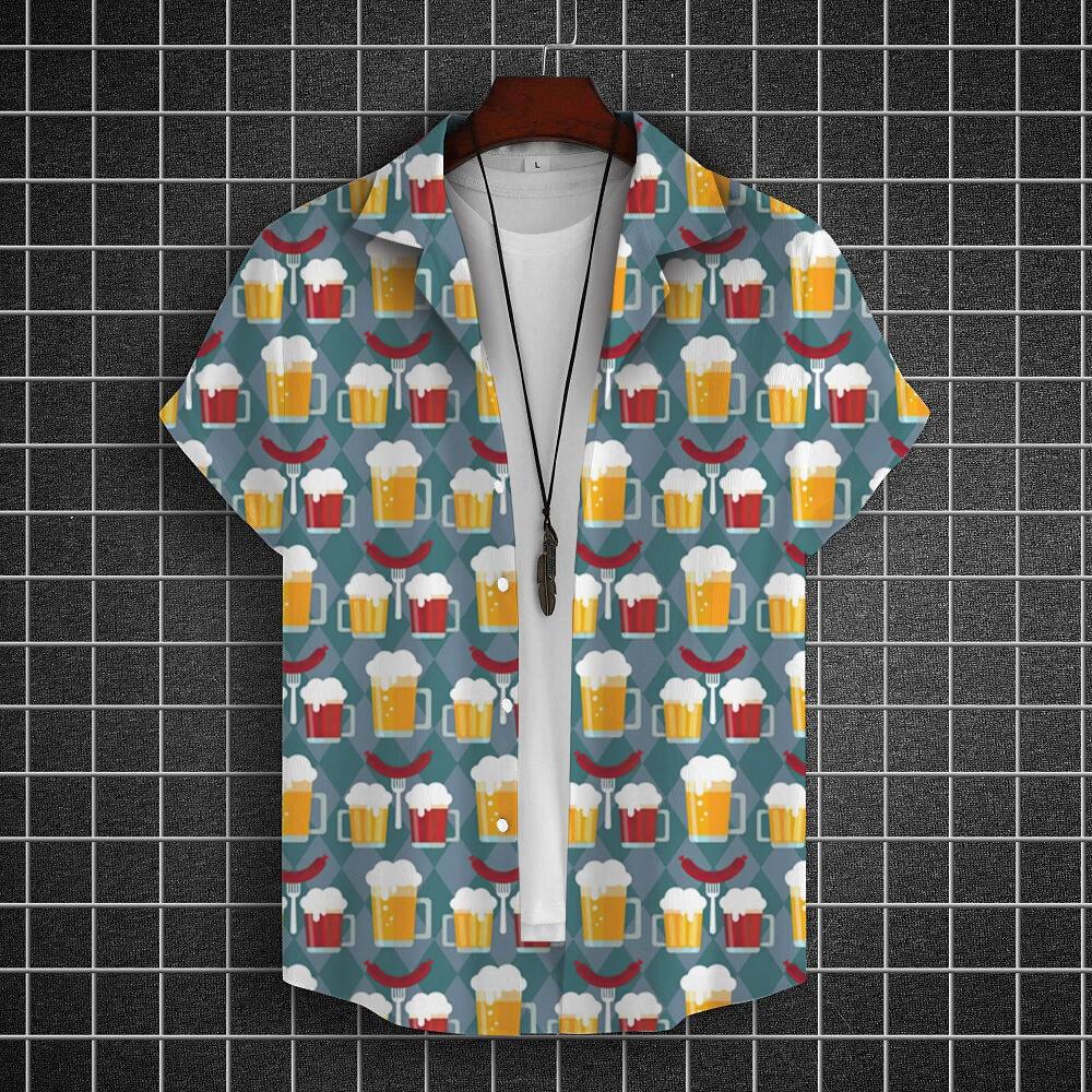 Men's Summer Short Sleeve Hawaiian Shirt Beach Holiday Print Shirt Top 100% Polyester Men's Beer Print Short Sleeve Shirt