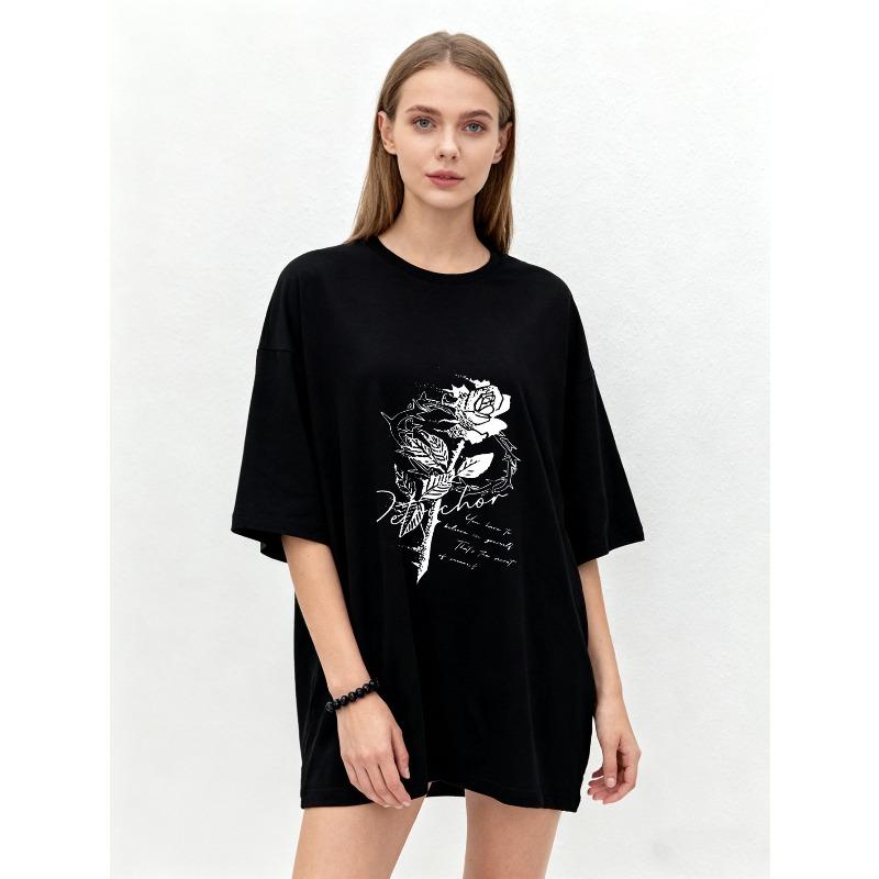 Oversized T Shirt Black Rose Floral Print With Text Graphic Design For Casual Wear