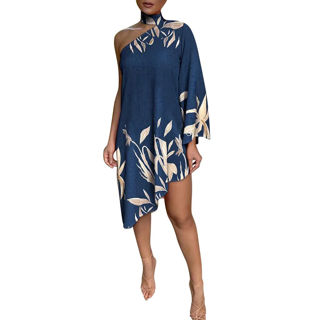 Wish Ladies Slash Shoulder Digital Printing Neck Strap Dress