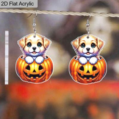 2D Flat Acrylic Creative Cute Halloween Dog with Pumpkin Earrings for Women Dog Mom Gift Puppy Wiggle Hook Earrings Jewelry Gift for Pet Lovers