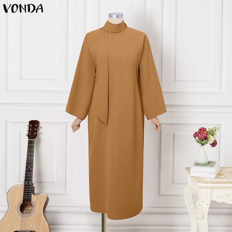 

VONDA Overszied Women Tie Neck Long Sleeve Loose Casual Long Robe Dress S хакі