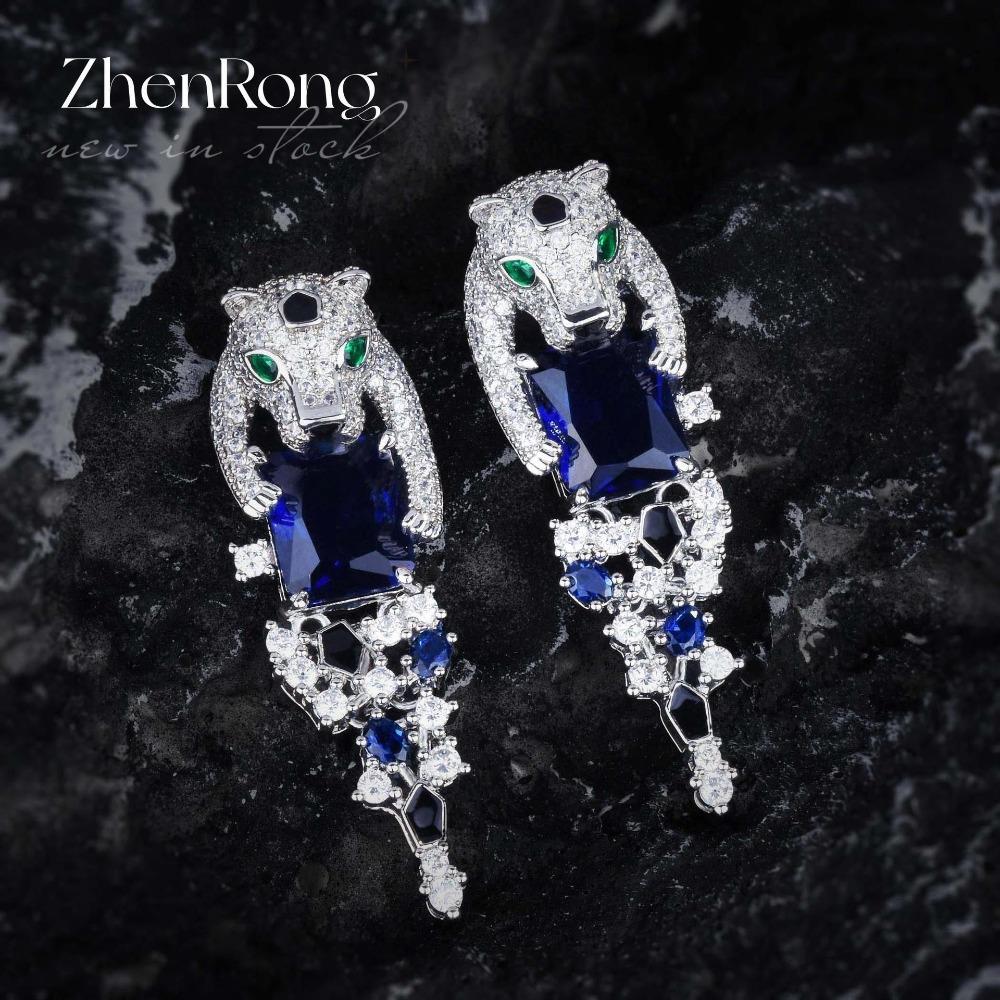 Royal Blue Sapphire Panther Necklace Set Emerald Pendant Blue Diamond Earrings Green Diamond Ring Women Jewelry