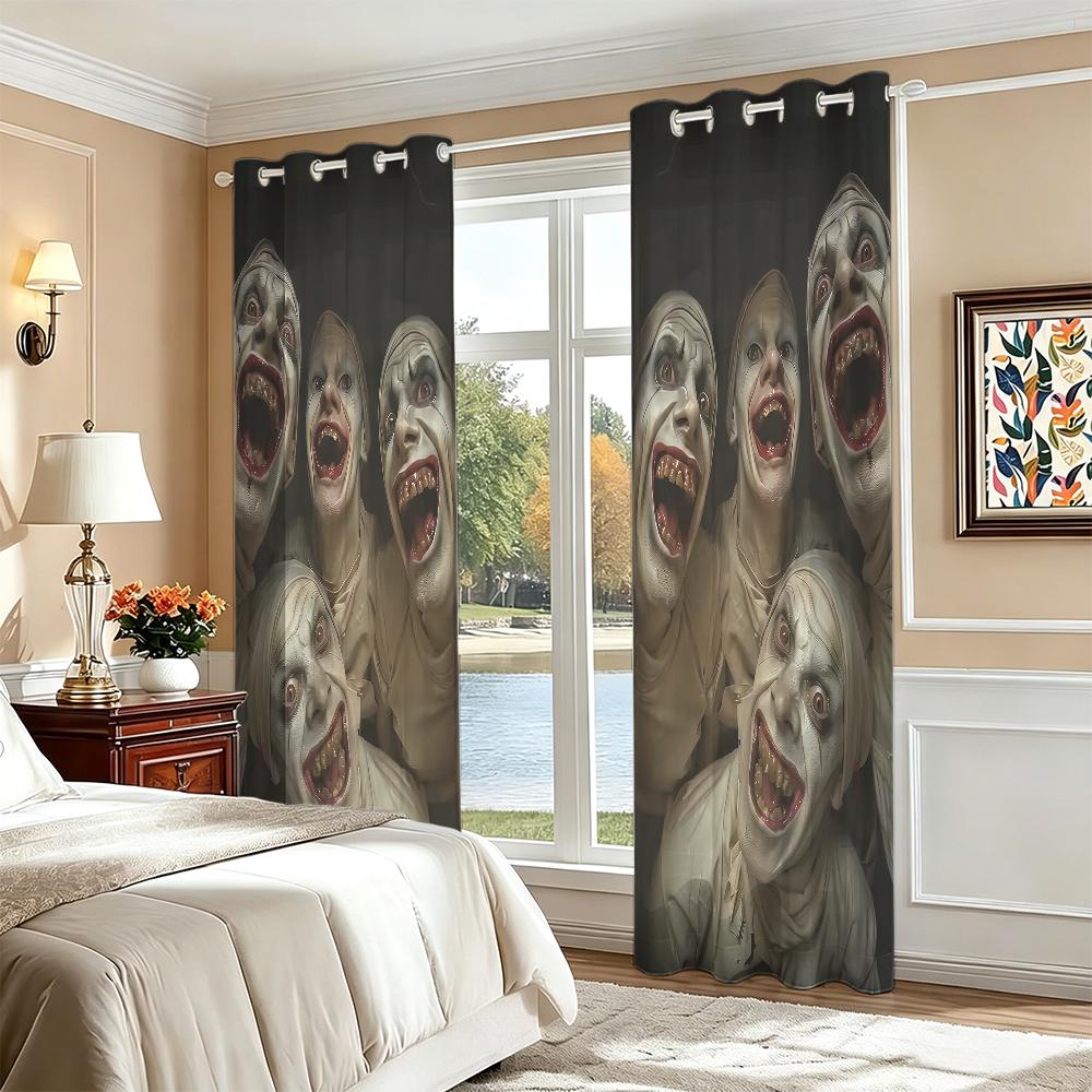 2Pcs Perforated Blackout Curtain Light Block Privacy Drape Living Bedroom Halloween Multiple Ghost Face Horror Window Decor
