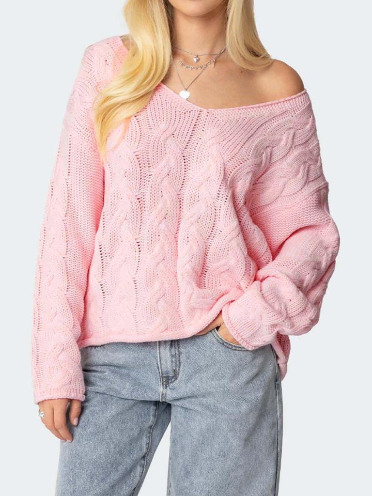 2025 Autumn Women's Loose V-Neck Cable Knit Sweater - Solid Color, Casual Style
